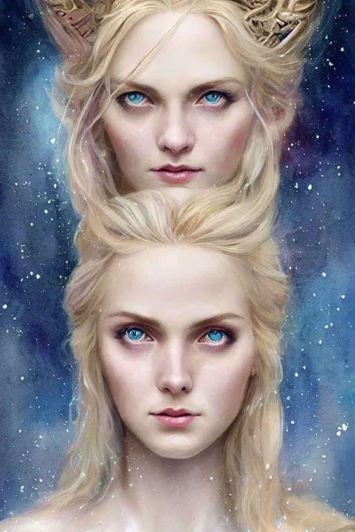 Image similar to Norse blonde goddess of glitter character portrait, lean face, cinematic lighting, hyper-detailed, cgsociety, blue eyes, 8k, high resolution, in the style of Charlie Bowater, Tom Bagshaw, alan lee, single face, symmetrical, headshot photograph, insanely detailed and intricate, beautiful, elegant, watercolor, cinematic, portrait, Raphaelite, headroom, artstation, Pierre-Auguste Renoir