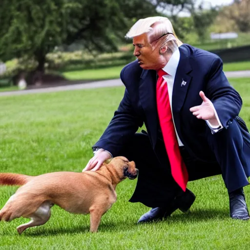 Image similar to Detailed photo of Donald Trump getting bitten by a Dog in the park.