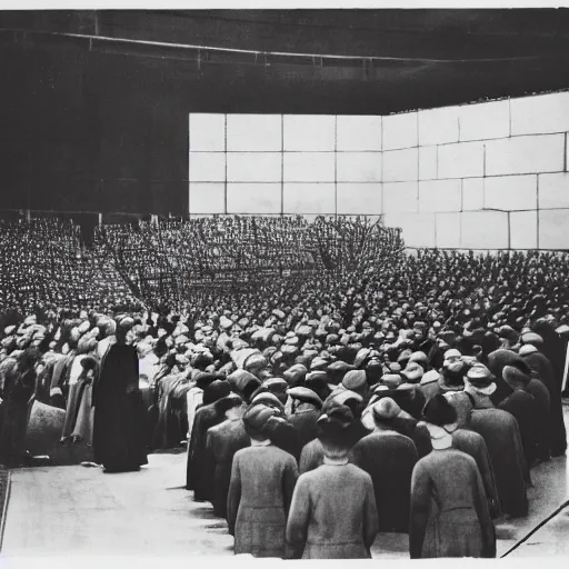 Prompt: Photo of crowd at 1944 opera with one person colorized