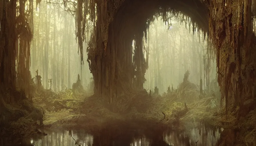 Image similar to a beautiful intricate painting of a gateway to hell in a dark evil fantasy forest, reflections, very high details by william turner art, greg rutkowski and alphonse mucha, trending on artstation, very very detailed, masterpiece,