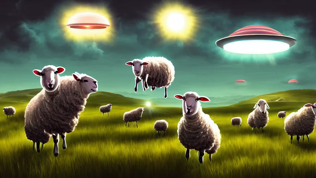 Image similar to sheep in a field being abducted by a ufo!, horror cartoon, hyper energy, punk aesthetic, highly detailed, digital painting, artstation, concept art, sharp focus, illustration,