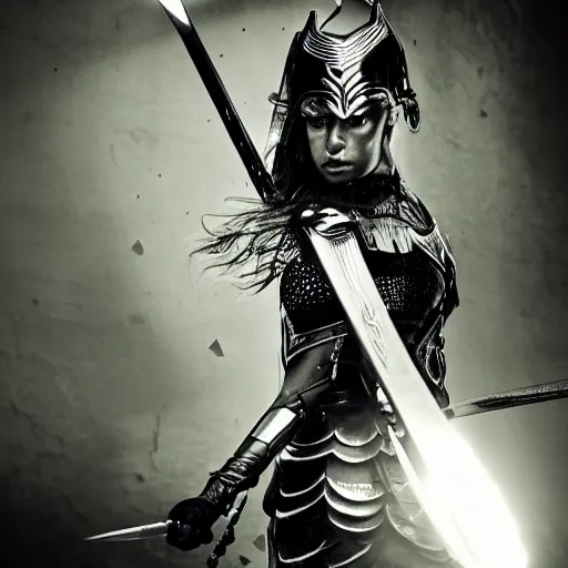 Image similar to beautiful valkyrie with sword, cinematic lighting, elegant, powerful, sharp details