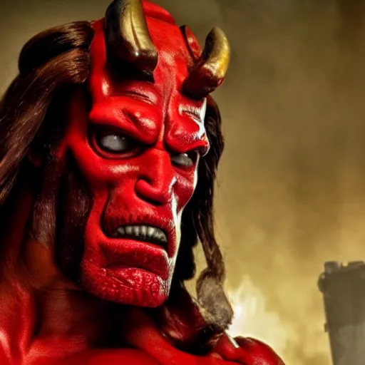 Image similar to arnold Schwarzenegger as Hellboy, still from movie, detailed, 4k