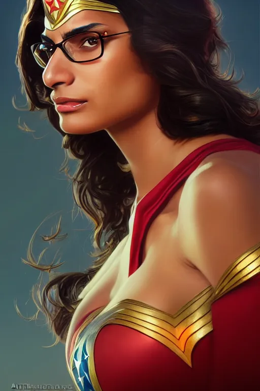 Prompt: mia khalifa as wonder women, portrait,, highly detailed, digital painting, artstation, concept art, smooth, sharp focus, illustration, cinematic lighting, art by artgerm and greg rutkowski and alphonse mucha