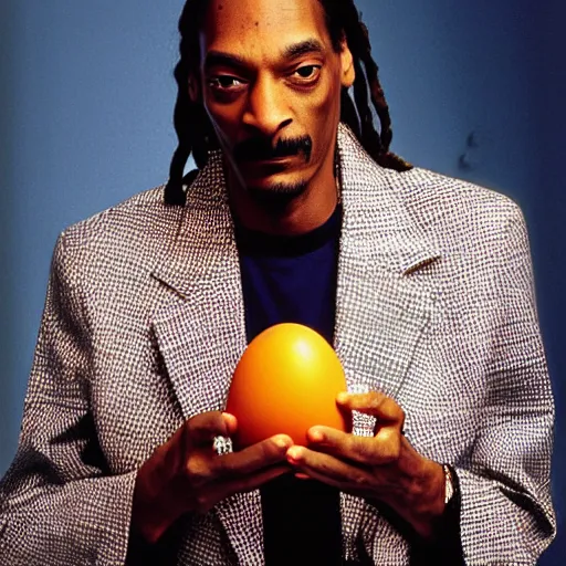 Prompt: Snoop Dogg holding an egg for a 1990s sitcom tv show, Studio Photograph, portrait, C 12.0