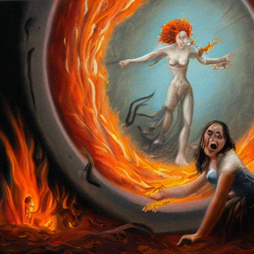Image similar to painting of a woman falling into a portal of hell with demons surrounding her