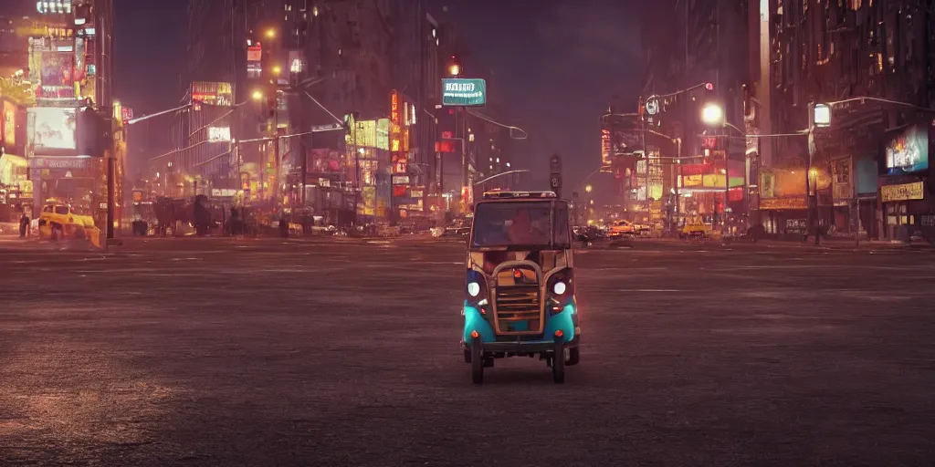 Prompt: a tuk tuk walking through a desolate manhattan city street at night statue of liberty seen in the background realistic 4 k octane beautiful