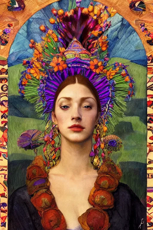 Prompt: queen of summer, by Annie Swynnerton, and Nicholas Roerich and Tino Rodriguez and Diego Rivera , elaborate headdress and embroidered velvet, iridescent beetles, rich color, dramatic cinematic lighting, extremely detailed, featured on artstation