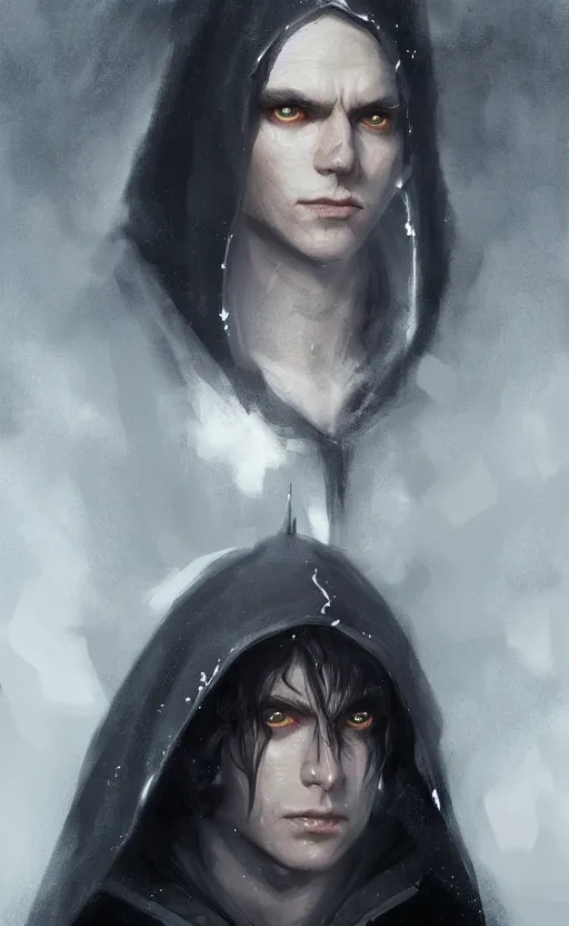 Image similar to Portrait of an elf in a black cloak, black hair, glowing eyes, male, detailed face, fantasy, highly detailed, cinematic lighting, digital art painting by greg rutkowski