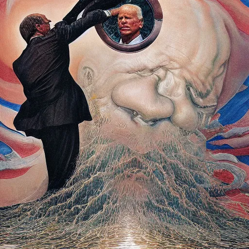 Image similar to terrifying, surreal portrait of joe biden standing up to his shoulders in turbulent, shadowy water by j. c. leyendecker, bosch, william blake, stephen gammell, jon mcnaughton, and beksinski