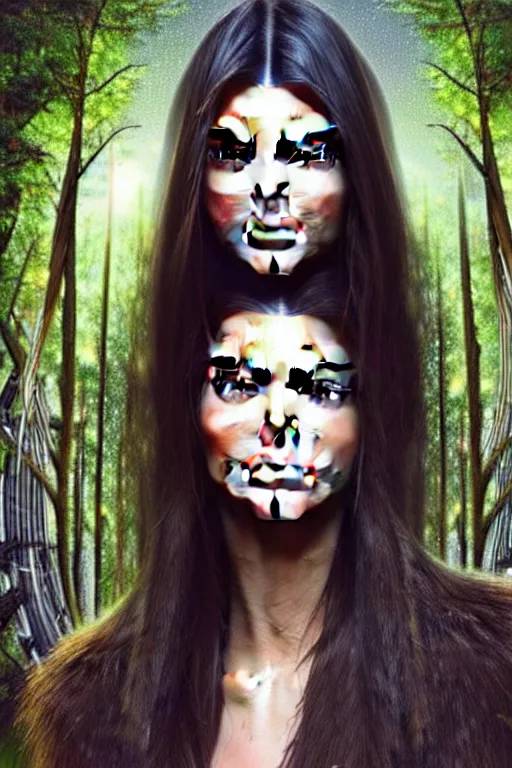 Image similar to realistic detailed face portrait painting of the beautiful kendall jenner with long hair with sci-fi headwear, futuristic sci-fi forest on background by HR GIGER