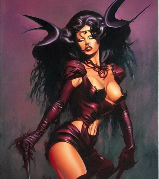 Image similar to seventies scream queen, dark night, strong line, deep color, beautiful! coherent! by brom, by frank frazetta,