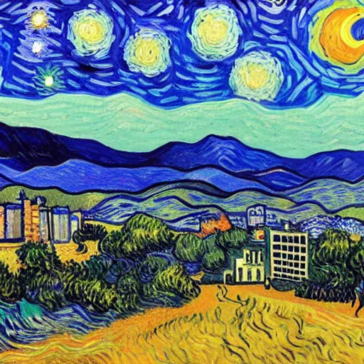 Image similar to asheville skyline in the style of starry night, by vincent van gogh