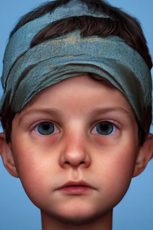 Image similar to hyperrealistic little boy close - up portrait, the portrait is decorated with art deco patterns, hyperrealistic, volumetric lighting, ultra detailed, elegant, octane render, blue and gold, 8 k, trending on artstation, unreal engine