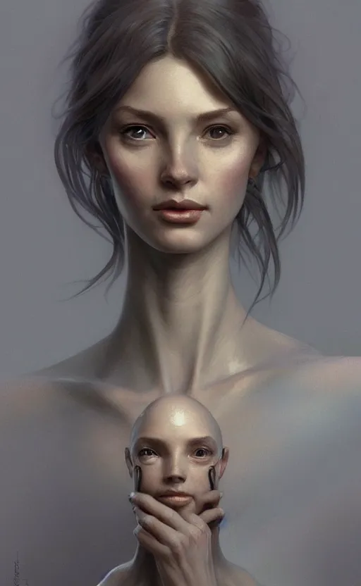 Prompt: portrait of a grey alien, pretty, confident, intricate, headshot, highly detailed, digital painting, artstation, concept art, sharp focus, cinematic lighting, illustration, art by artgerm and greg rutkowski, alphonse mucha, cgsociety