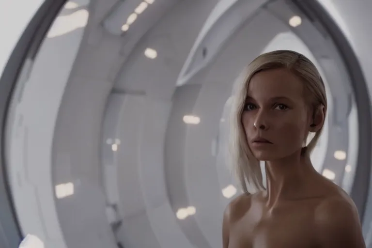 Image similar to VFX movie of a futuristic space woman model gorgeous portrait in inhuman future spaceship, beautiful natural skin natural lighting by Emmanuel Lubezki