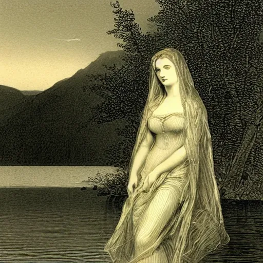 Prompt: a beautiful woman at a lake, illustration by Gustav Doré