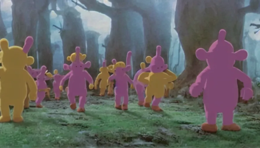 Prompt: a still from Princess Mononoke depicting the war of the teletubbies