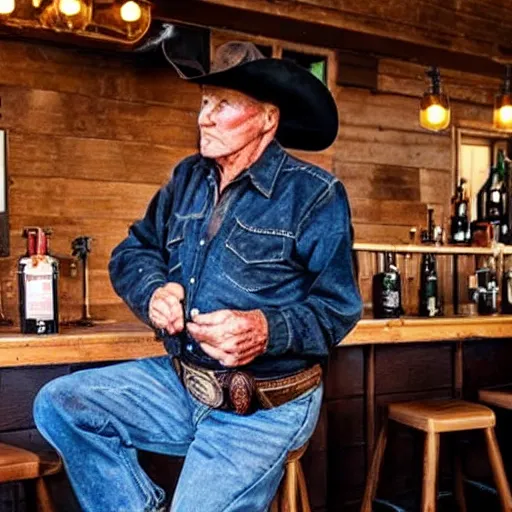 Image similar to an old western cowboy in a modern bar, realistic