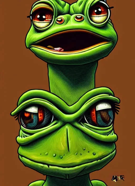 Image similar to pepe the frog by matt furie!!!, male, sad, depressed, portrait, intricat, highly detailed, digital painting, artstation, concept art, wallpaper, smooth, sharp focus, illustration, art by h. r. giger and artgerm and greg rutkowski and alphonse mucha