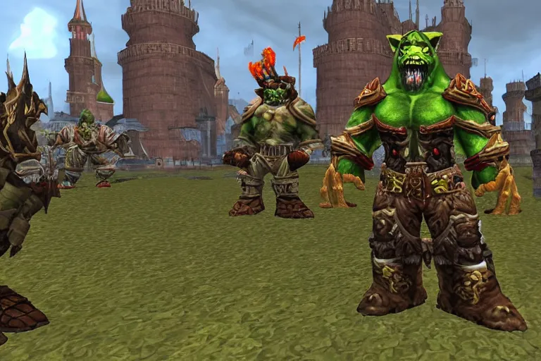 Image similar to moscow in style of warcraft orgrimmar, ork village, green and red orcs in modern camouflage