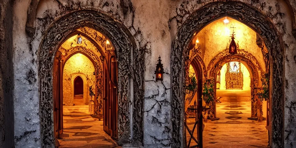 Image similar to magical entrance to monastery, metal, ornaments, castle, church, horror