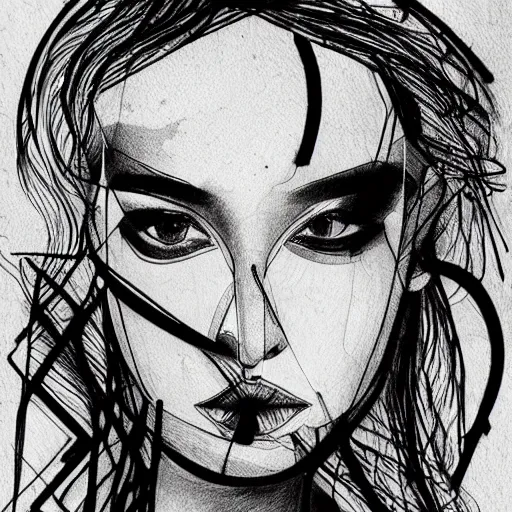 Prompt: a female portrait printed abstract faces in lines, one line artwork print, fashion poster, mini. abstract illustration, abstract sketches, art sketches, art drawings, tattoo sketches, line drawing tattoos, face line drawing, drawing faces, face sketch, charcoal