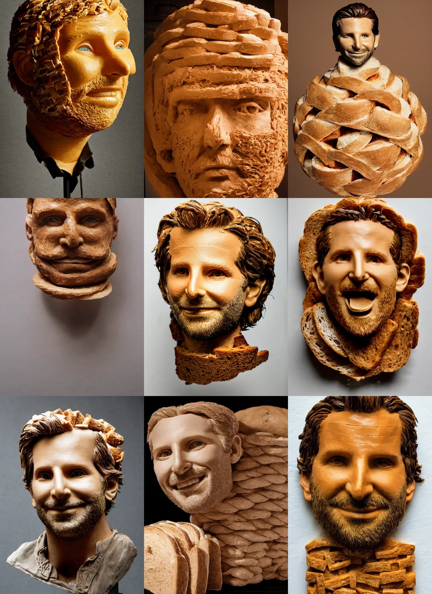 Prompt: bradley cooper sculpture made out of bread, bread sculpture, studio lighting