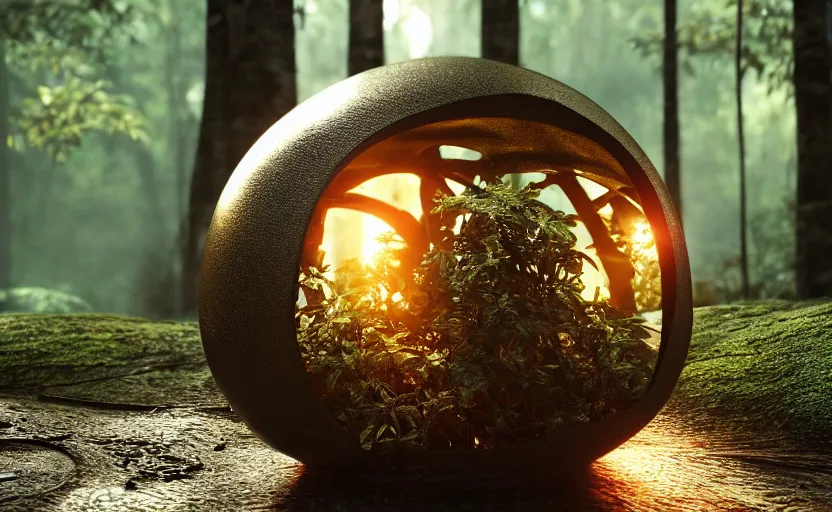 Image similar to a beautiful render of a mushroom growing out of a metal sphere in a rainforest, sunset lighting, intricate detail, hazy, humid, volumetric lighting, god rays, 8 k, photorealistic, raytracing effects, unreal engine 5