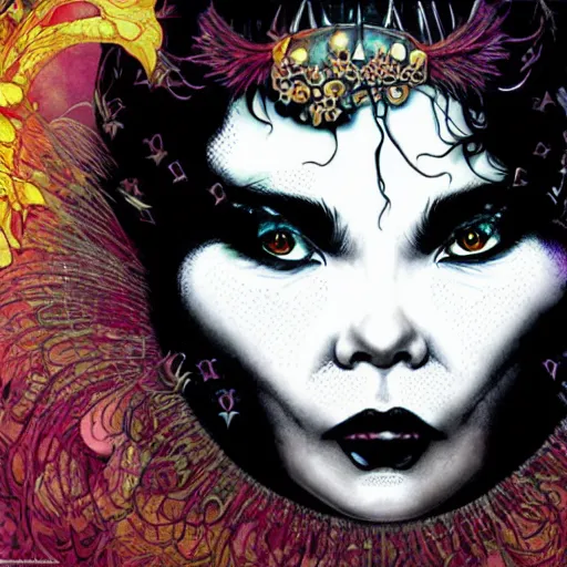 Image similar to portrait of crazy beautiful singer bjork as vampire, ymmetrical, by yoichi hatakenaka, masamune shirow, josan gonzales and dan mumford, ayami kojima, takato yamamoto, barclay shaw, karol bak, yukito kishiro