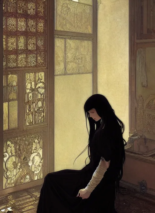 Image similar to a lonely young girl with straight long black hair wearing black dress that sitting on bathroom floor, art by artgem, greg rutkowski and alphonse mucha