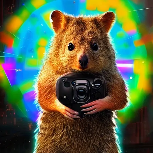 Image similar to a quokka wearing a hmd vr, cyberpunk digital painting