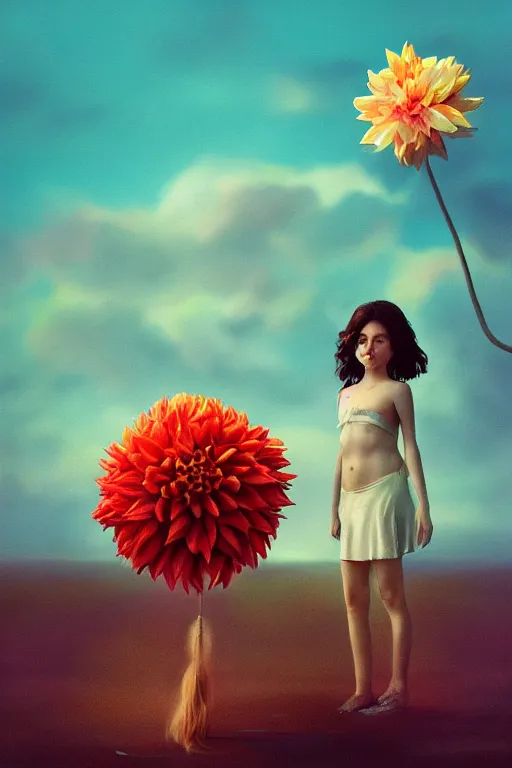 Image similar to closeup girl with huge dahlia flower head, on beach, surreal photography, blue sky, sunrise, dramatic light, impressionist painting, digital painting, artstation, simon stalenhag