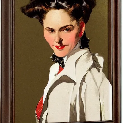 Image similar to portrait of a woman with a plaid blazer and a high ponytail, by j. c. leyendecker