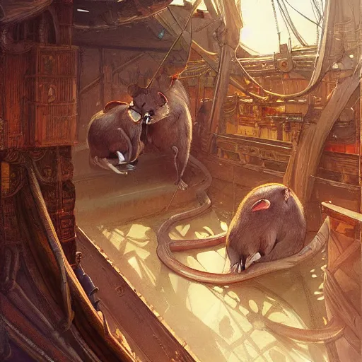 Image similar to giant rats on a ship lower deck, D&D, fantasy, highly detailed, digital painting, artstation, smooth, sharp focus, illustration, art by artgerm and greg rutkowski and alphonse mucha