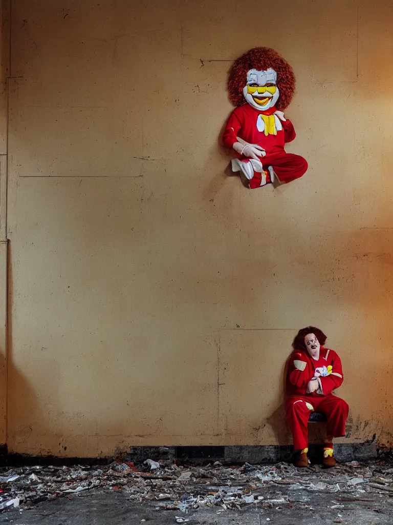 Image similar to a long shot of a crying ronald mcdonald sitting in the corner of an abandoned mcdonald's in 1 9 8 5 during golden hour.