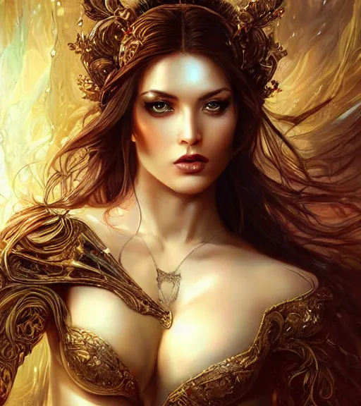 Image similar to a higly detailed full body shot portrait painting of a sensual female fantasy character with piercing beautiful eyes, dynamic lighting, ambient lighting, deviantart, art by artgerm and karol bak and mark brooks