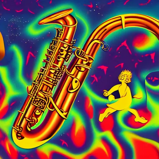 Image similar to Lisa Simpson falling into a giant saxophone, psychedelic art, uhd, matte painting