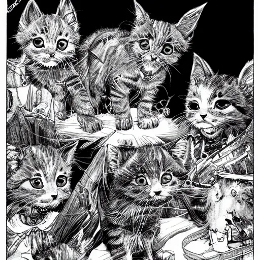 Prompt: Kittens summoning milk bones manga panel award winning black and white art by Kim Jung Gi highly detailed pen and ink matte painting