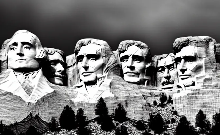 Image similar to mt. rushmore reimagined with heroic native american leaders, dramatic sky, epic environment and background, cinematic