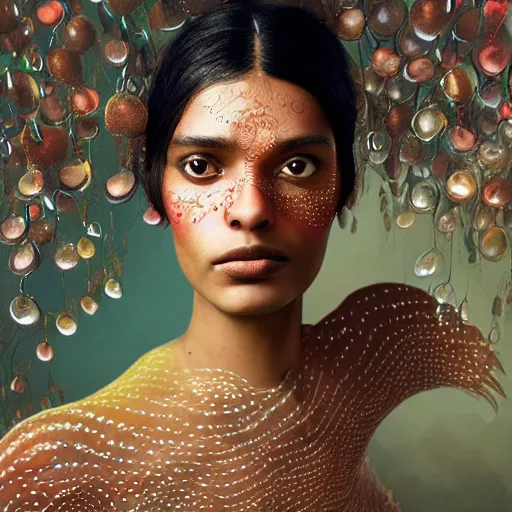 Image similar to a close - up shot of a brown woman wearing a luminous armor made of neon jelly fishes. surrounded by jelly fishes. soft lighting. fragile. haunting eyes!! coherent face!! no makeup!! muted colors. by ray caesar. by louise dahl - wolfe. by andrea kowch. surreal photography