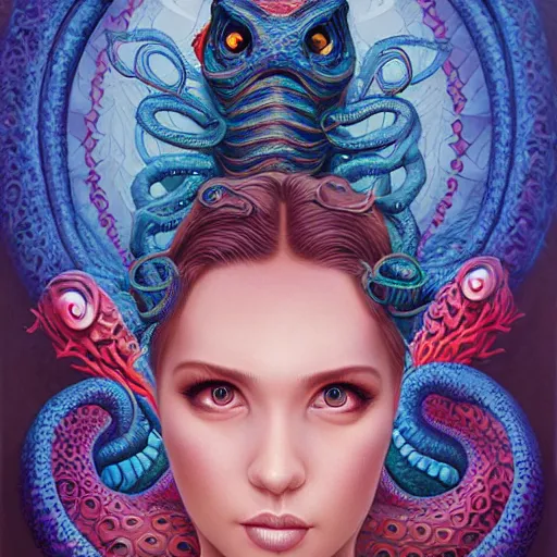 Prompt: underwater naga lovecraft lovecraftian portrait with sea creatures, Pixar style, by Tristan Eaton Stanley Artgerm and Tom Bagshaw.