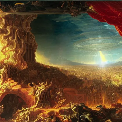 Image similar to alien invasion, epic, magnificent, the last judgement, insanely detailed and intricate, 8 k, fall of the roman empire by thomas cole