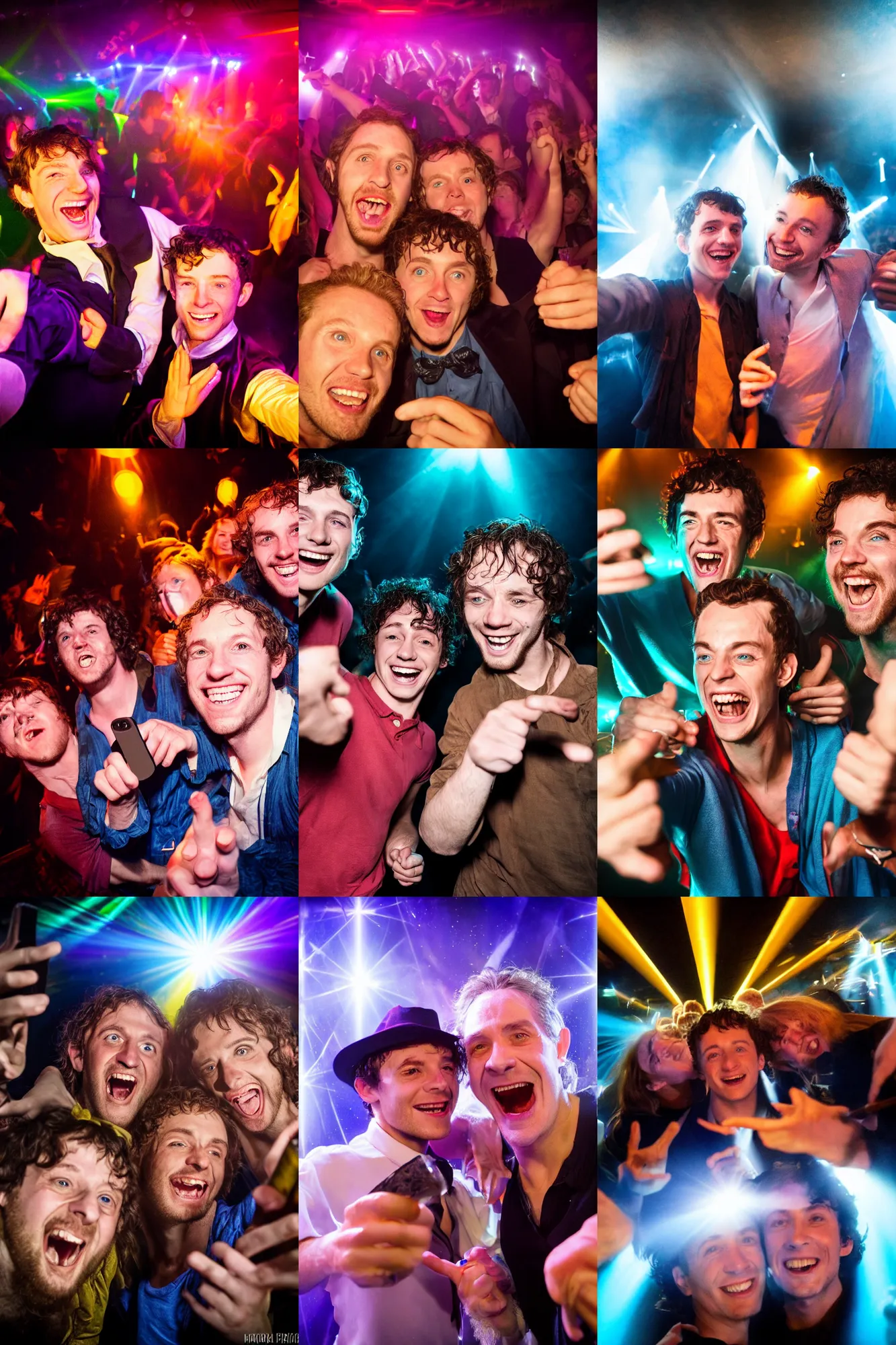 Prompt: nightclub selfie of frodo and pippin smiling, gandalf behind them dancing, bright flash, high saturation, vivid colors, wide - angle lens, tolkien, 4 k