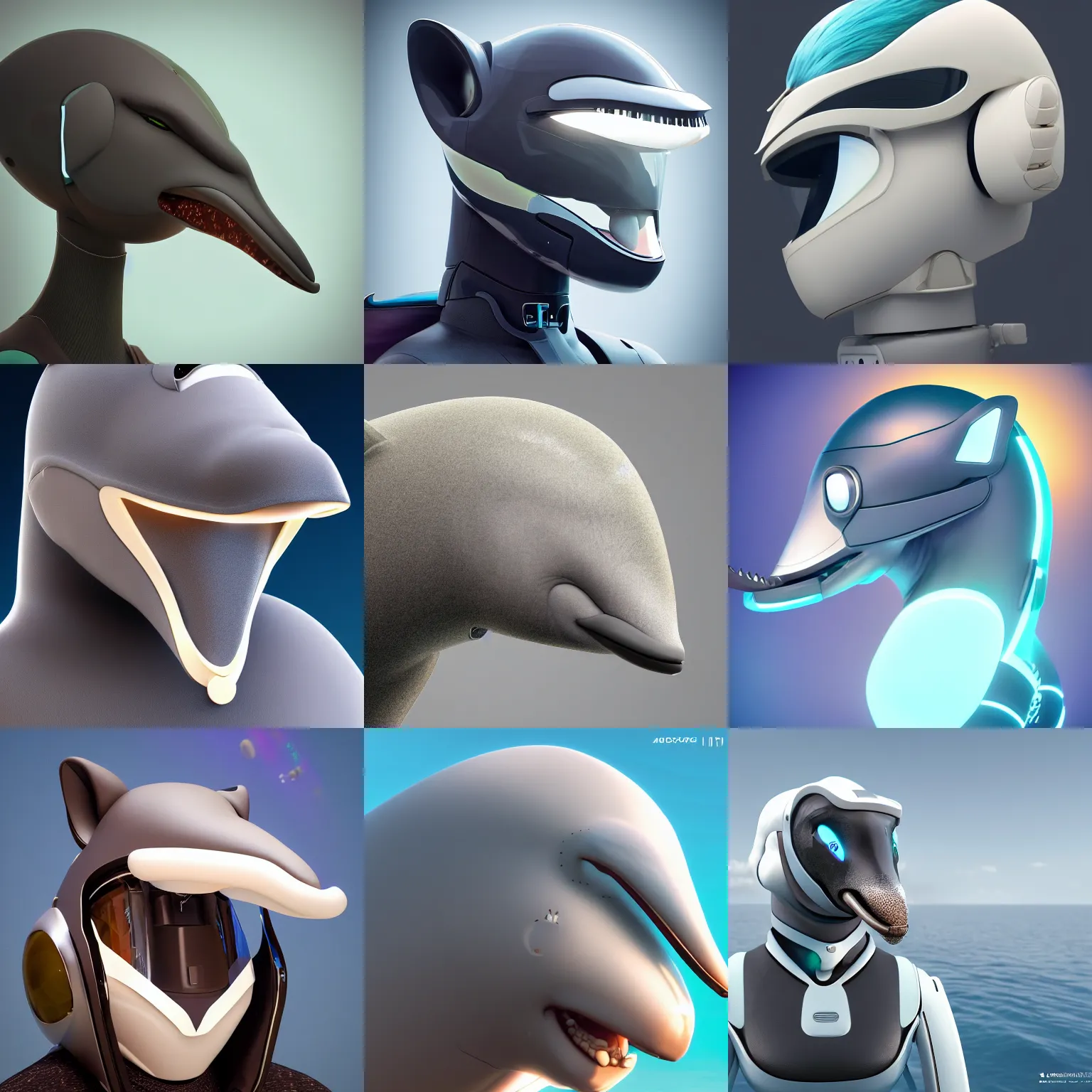 Prompt: very very beautiful furry art, bust profile picture of a robotic anthro bottlenose dolphin, visor screen for face, truncated snout under visor, round shapes, commission on furaffinity, cgsociety, octane render