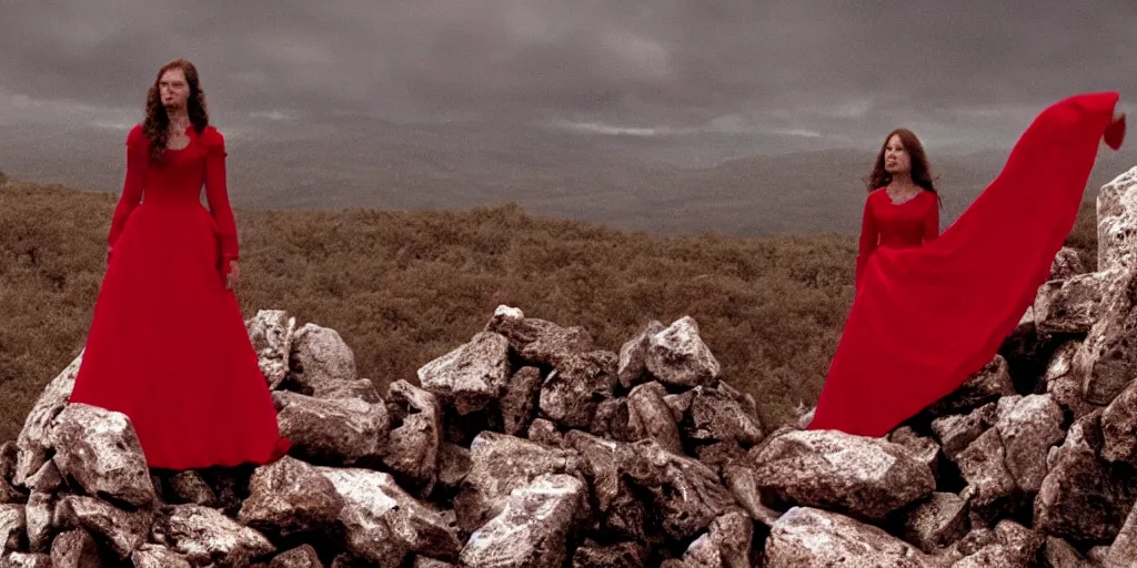 Image similar to film still of closeup a woman in a red dress, sitting on a throne. on a mountain of dead knights. one knight standing on one knee below by emmanuel lubezki