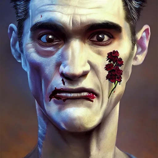 Image similar to skinny morrissey as a zombie with flowers, 7 days to die zombie, fine art, award winning, intricate, elegant, sharp focus, cinematic lighting, rimlight, digital painting, 8 k concept art, art by z. w. gu, art by brom, art by michael hussar, 8 k