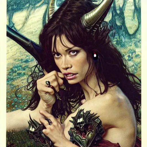 Prompt: head and shoulders portrait of an armored erinyes devil with huge bat wings, portrayed by olga kurylenko, d & d, fantasy, luis royo, magali villeneuve, donato giancola, wlop, krenz cushart, hans zatka, klimt, alphonse mucha