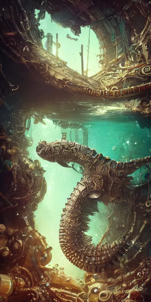 Image similar to a seafloor view of a seahorse swimming on the street corner of the steampunk city of Atlantis by Cedric Peyravernay, highly detailed, full view of seahorse, excellent composition, cinematic concept art, dramatic lighting, trending on ArtStation