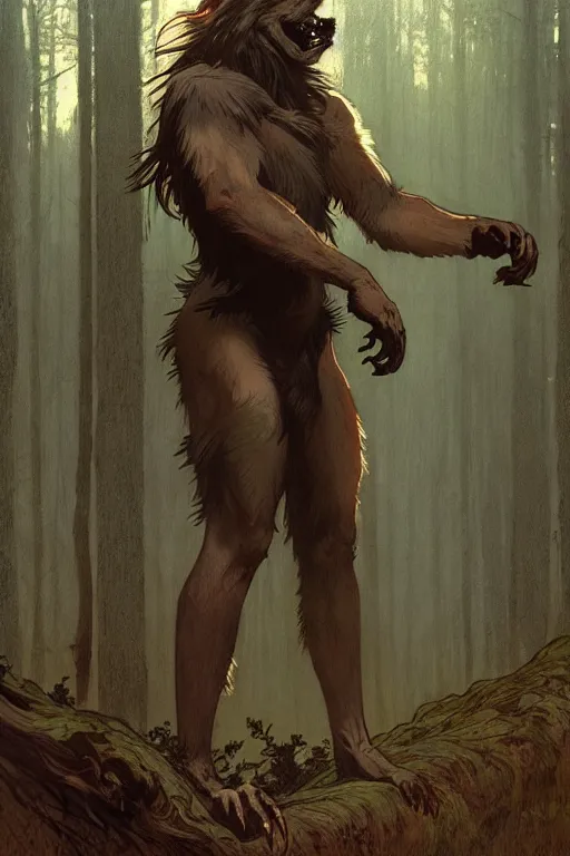 Image similar to fullbody portrait of a male werewolf, bared teeth, long claws, by greg rutkowski and alphonse mucha, gradient brown to silver, in front of a forest at night background, highly detailed portrait, digital painting, artstation, concept art, smooth, sharp focus illustration